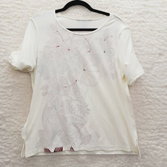 T-Shirt Size M Cream Red Olive Floral Bead Bloomcore Maximalist Vacation Casual - Picture 14 of 16